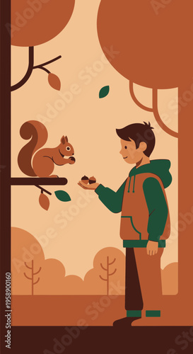 Boy Feeds Squirrel Nuts In Autumn Forest Nature Scene Warm Tones