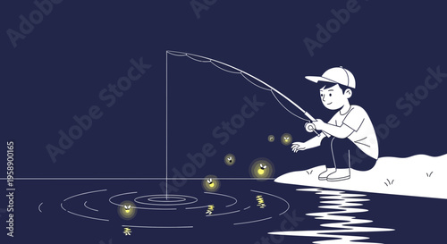 Boy Fishing By Water With Fireflies At Night