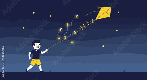 Boy Flying Kite With Fireflies Under Starry Night Sky