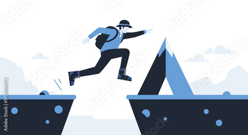Bold Explorer Leaping Across Mountain Chasm Towards Summit Peak Adventure