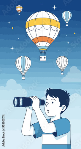 Boy Gazing At Colorful Hot Air Balloons Ascending In The Night Sky