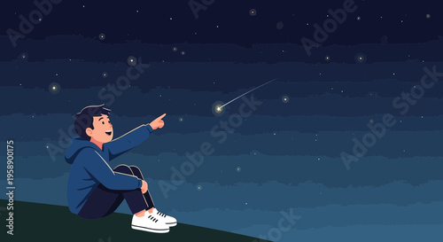 Boy Gazing At Shooting Star In Night Sky Illustrates Hope And Wonder