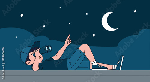 Boy Gazing At Stars With Binoculars Under A Crescent Moon