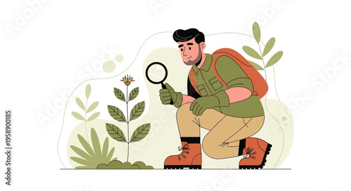 Botanical Explorer Examining Tiny Blossom Up Close With Magnifying Glass