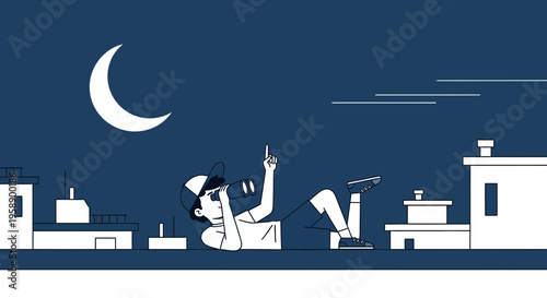 Boy Gazing At The Moon Through Binoculars Atop Rooftops At Night