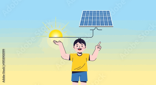 Boy Harnessing Solar Power With A Bright Sunny Day Above