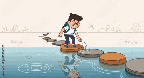 Boy Navigates Stepping Stones Across Water Towards Future Adventures