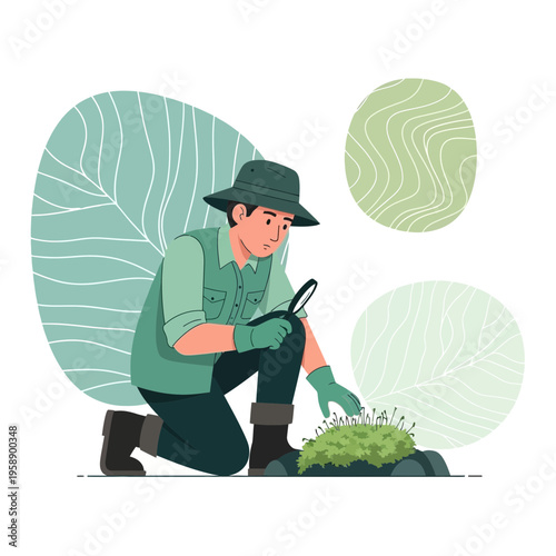 Botanist Examining Moss with Magnifying Glass Outdoor Study
