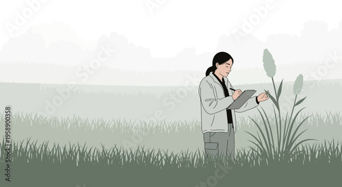 Botanist Examining Reeds In A Misty Landscape
