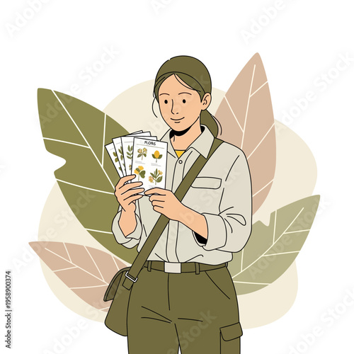 Botanist Holding Plant Identification Cards During Field Study Adventure