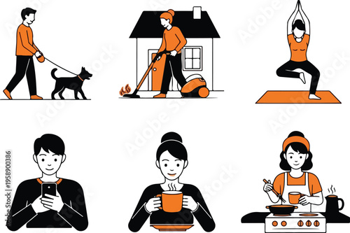 Daily life activities illustration showing people walking dog, cleaning house, doing yoga, using phone, drinking coffee and cooking