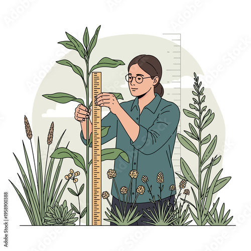 Botanist Measuring Plant Growth In Scientific Research Garden