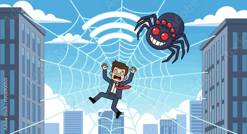 Business Man Trapped In Digital Web By Giant Spider Symbolizing Online Danger