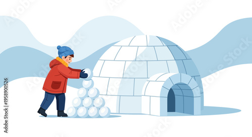 Boy Building Igloo In Snowy Landscape Outdoors Activity