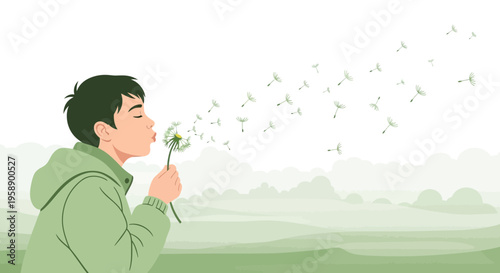 Boy Blowing Dandelion Seeds In A Misty Meadow