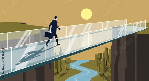 Business Person Crossing Modern Glass Bridge Towards New Horizons