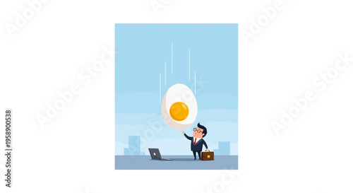 Business Person Dodging Falling Egg Over Laptop and Briefcase in City