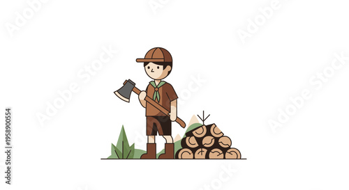 Boy Scout With Ax And Stacked Firewood Illustration