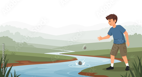 Boy Skipping Rocks Across Serene River Landscape With Misty Mountains