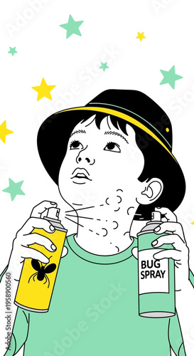 Boy Sprays Bug Repellent To Avoid Mosquito Bites Summer Activity