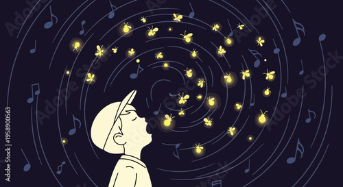 Boy Singing Surrounded By Magical Fireflies And Music Notes