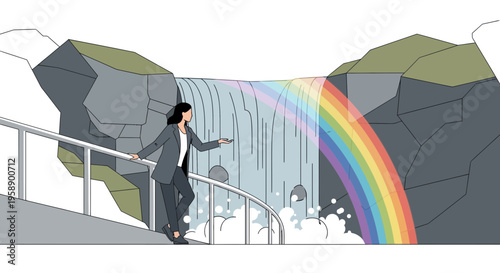 Business Woman Gazing At A Majestic Waterfall With A Vibrant Rainbow Arching Over