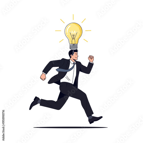 Businessman With Glowing Lightbulb Idea Running Fast Forward Momentum