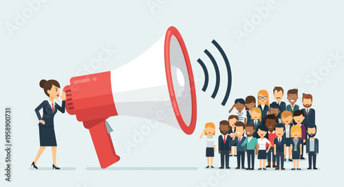 Businesswoman Announcing to Diverse Group with Giant Megaphone