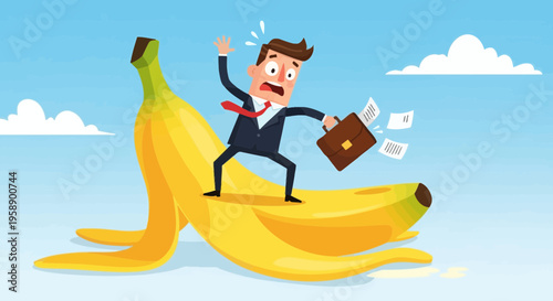 Businessperson In Peril On A Slippery Banana Peel Sky High