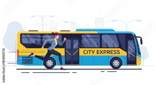 Businesswoman Chasing Express City Bus In Urban Setting