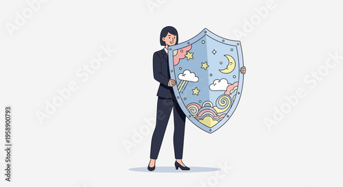 Businesswoman Holding Dreamy Sky Shield Protection Assurance Concept