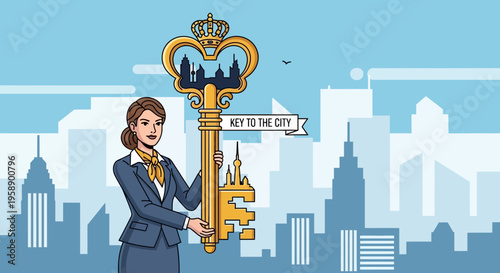 Businesswoman Holds Golden Key Unlocking City Skyline Opportunities
