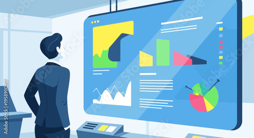 Business Analyst Studying Futuristic Digital Display with Complex Data Visualization