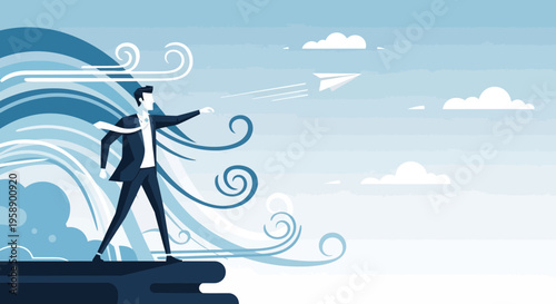 Businessman Launches Paper Airplane Against Wind Symbolizing Success