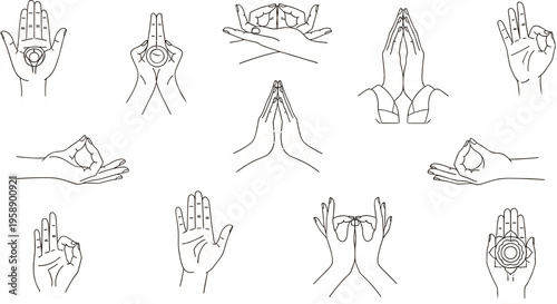 Neon Hand Gesture Icon Set Featuring Peace Sign, Pointing Finger, Thumbs Up, Fist and Love Symbol in Glow Style Design