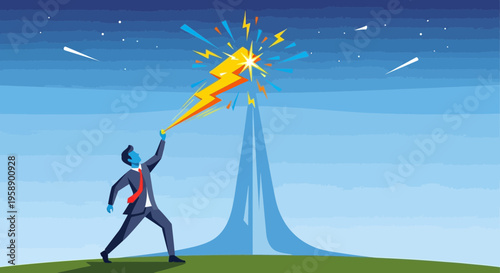 Businessman Grasping Lightning Bolt Symbolizing Achievement and Innovation
