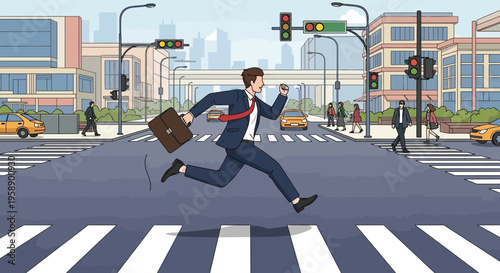 Businessman Hurrying Across City Crosswalk During Busy Commute
