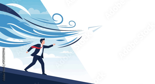 Businessman Launching Paper Plane Against Strong Winds Symbolizing Ambition