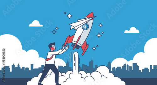 Businessman Launches Rocket Ship Into The Sky Over Cityscape