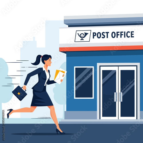 Busy Professional Rushing To The Post Office To Mail Important Documents