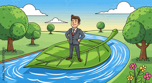 Businessman Navigates Nature's Path Aboard A Giant Green Leaf