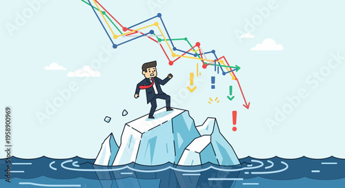 Businessman Navigating Financial Downturn On A Melting Iceberg Illustration