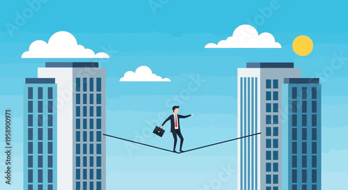Businessman Navigates High Wire Between Skyscrapers