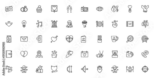 Valentine's Day icon set. Romantic vector illustrations including heart, cupid, ring, chocolate, love letter, dinner and more. Editable thin line icons.