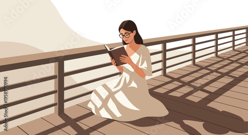 Calm Woman Reading Book On Wooden Deck In Warm Sunlight