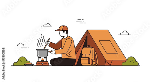 Camping Adventure Meal Preparation Outdoors with Tent and Backpack Scene