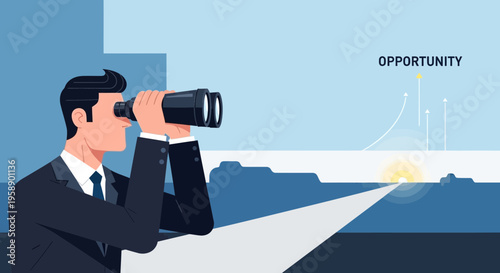Businessman Seeking Future Growth And Opportunities With Binoculars Vision