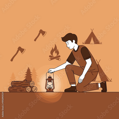 Camping Adventure Scene With Lantern And Fire