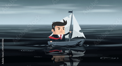Businessman Sailing Through Stormy Seas Facing Business Challenges And Uncertainty