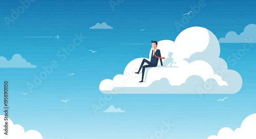 Businessman Sitting On A Cloud Gazing Into The Distance